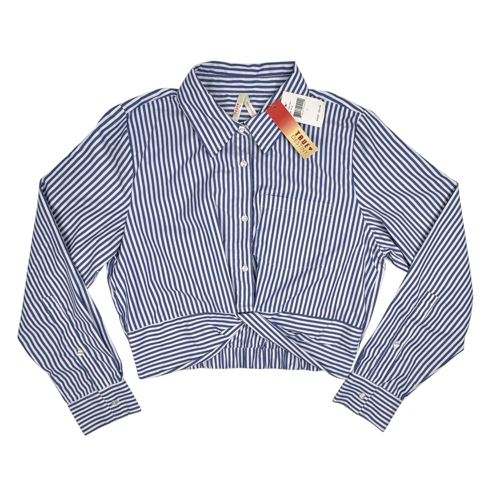 True Destiny Sz Large Striped Cropped Top Shirt Blouse Front‎ Center Twist Blue